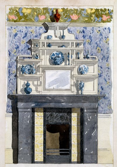 Kamin mit Spiegel und Ausstellungsregalen im ästhetischen Stil, um 1870er Jahre von Thomas Jeckyll